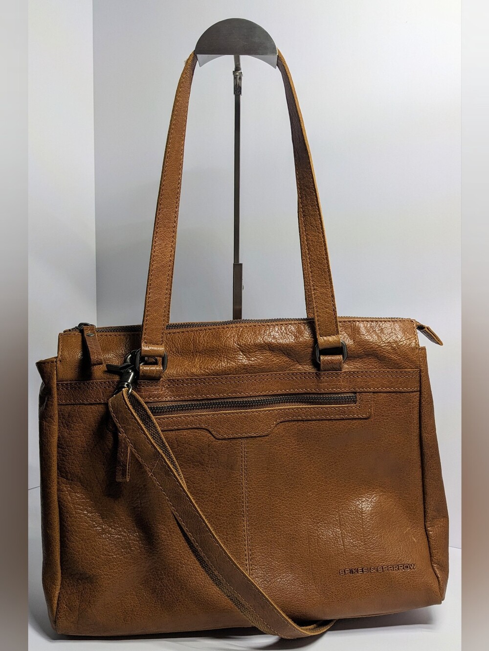 Spikes & Sparrow Padded Leather Laptop Commuter Conv Crossbody, Brandy Cognac